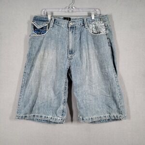 Delf Shorts Mens 38 Blue Denim Cargo Embellished Pockets Casual Baggy Y2K